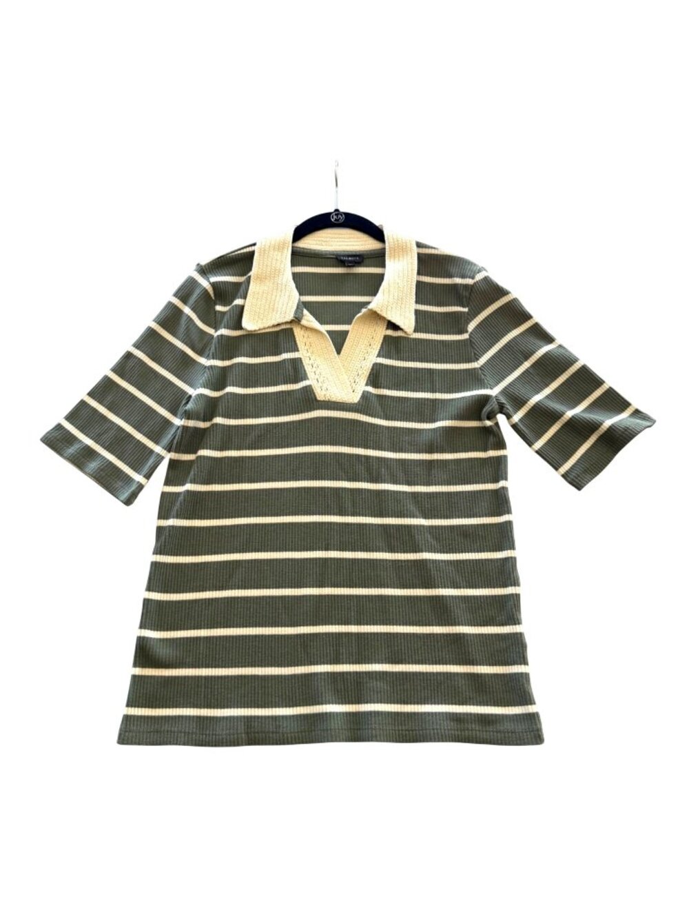 Talbots Crochet Trim Polo Shirt L Womens Ribbed Striped Green Ivory Cotton Knit